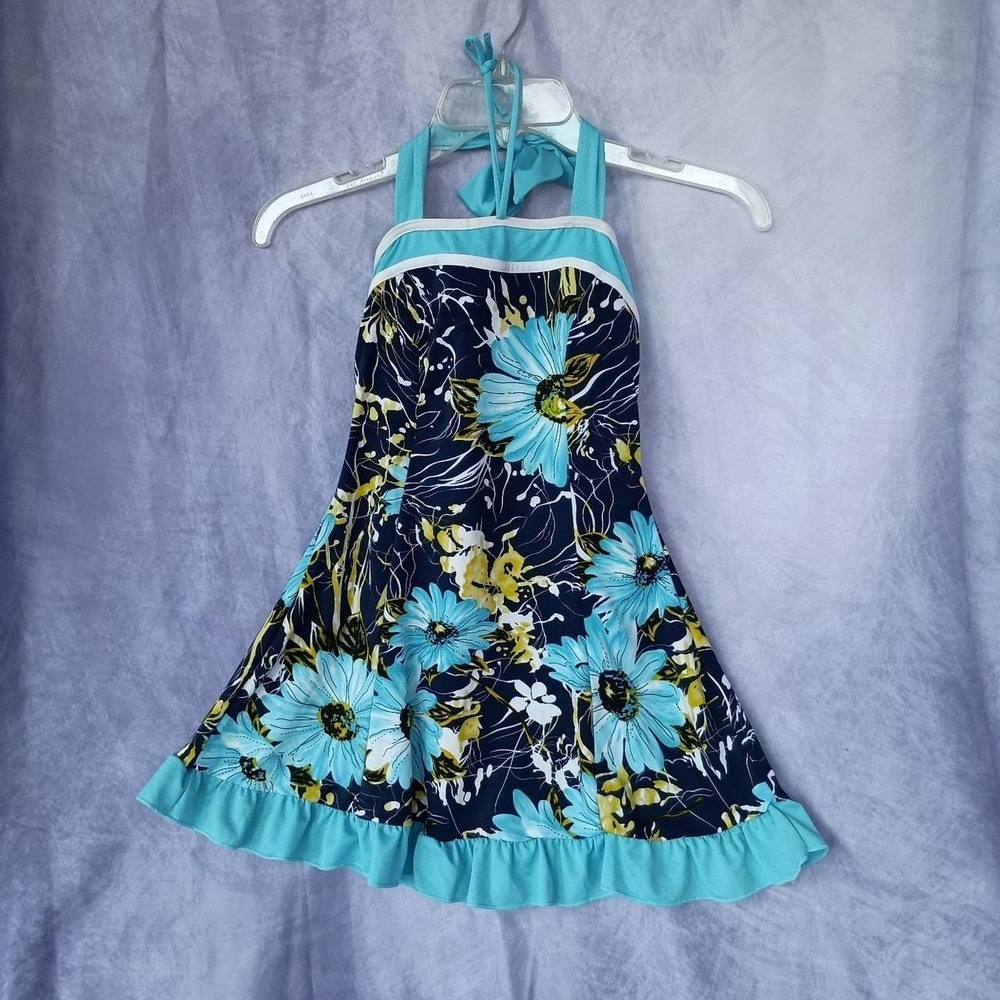 Grip Swimwear Turquoise Navy Floral Halter Swim Dress Ruffle Skirt